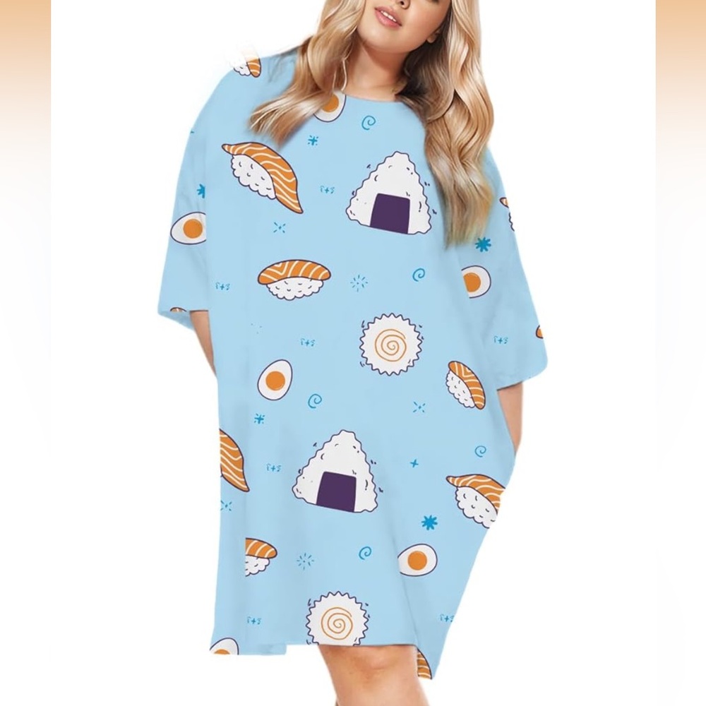 Light Blue Sushi Print Oversized pajama dress